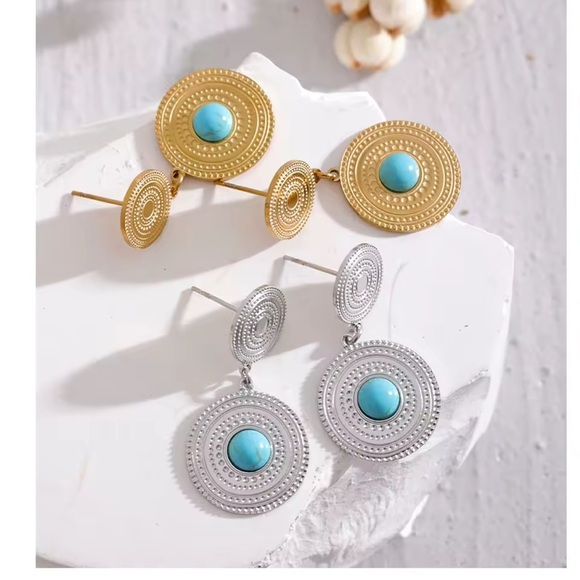 Turquoise Sunburst Drop Earrings – Stainless Steel, PVD Real Gold Plated - Picture 3 of 6